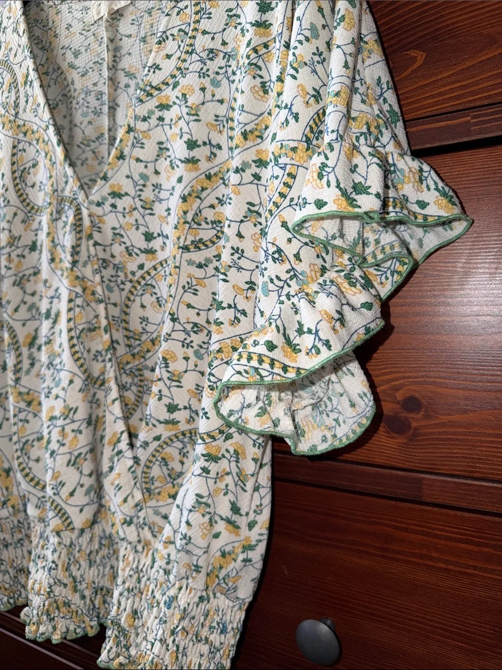 MELLODAY Floral Smocked Waist Blouse Green Yellow Floral Large